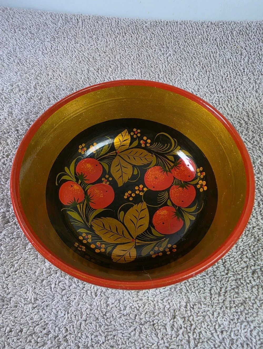 Vintage Russian Khokhloma Hand - Painted Lacquered Wood Bowl